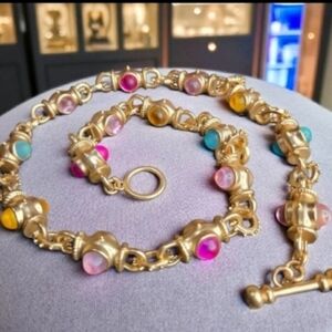 18k Matte Gold Byzantine Frosted Pastel Cabochon Toggle Necklace